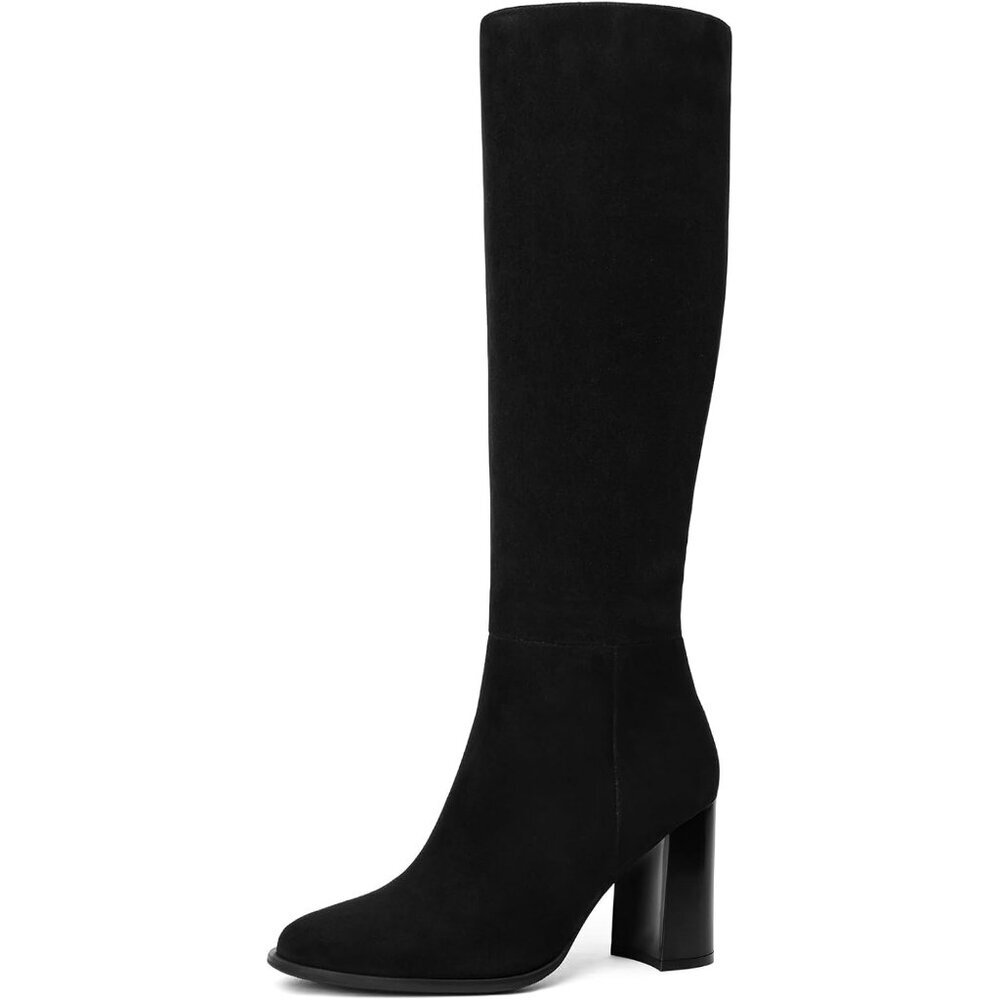 Ⓜ️Women's Black Suede Round Toe Chunky Heel Side Zipper Classic Knee High Boots